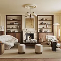 Elegant Living Room Interior With Beige Walls Chandelier Wooden Bookshelves Fireplace And Curved Sofa