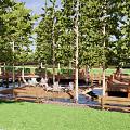 Serene Park Landscape With Lush Trees Green Lawn Wooden Deck And Water Pond Benches