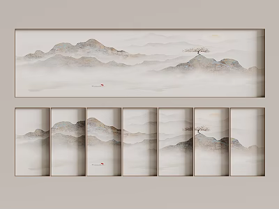 Chinese Ink Landscape Painting With Distant Mountains Clouds Solitary Tree Small Boat And Multi Panels 3d model