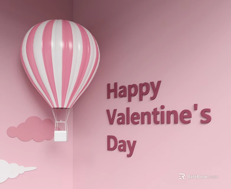 Pink White Striped Hot Air Balloon Wall Decor with Happy Valentine's Day Text and Clouds 3d model 