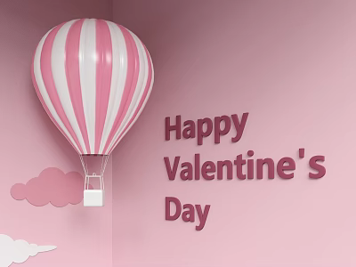 Pink White Striped Hot Air Balloon Wall Decor with Happy Valentine's Day Text and Clouds 3d model