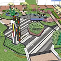 Urban Park Landscape With Modern Sculpture High Rise Background Greenery And Benches