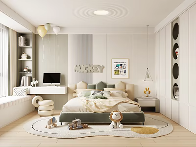 Kids Room Interior Design With MICKY Wall Decor Bed Pillows Desk Computer Balloons And Toys 3d model