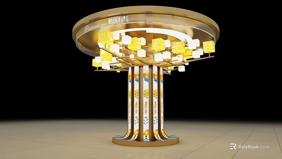 Jia Mei Technology Circular Display Stand Featuring Yellow Cubes And Pillar Design 3d model 