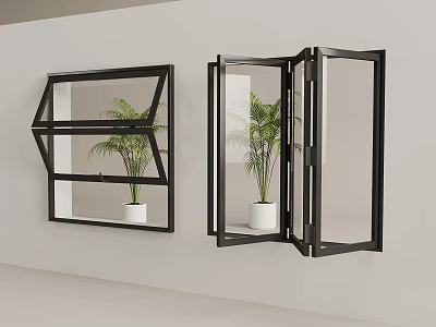 Modern Floor to Ceiling Windows With Open Black Frames And Green Potted Plants On Sill 3d model