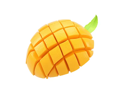 Fresh Ripe Mango Sliced Into Cubes With Green Leaf On White Background 3d model