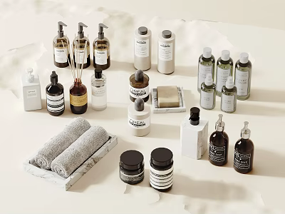Minimalist Modern Daily Washing Essentials With Bottles Towels Soap And Marble Tray 3d model