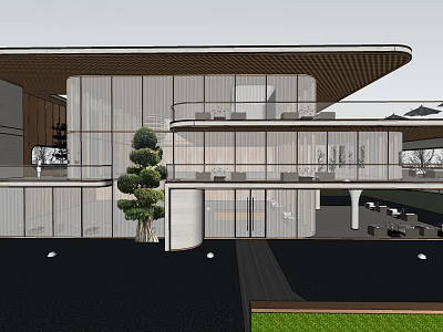 Modern Sales Office Architectural Design With Glass Curtain Walls Overhanging Roof And Outdoor Greenery 3d model
