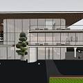 Modern Sales Office Architectural Design With Glass Curtain Walls Overhanging Roof And Outdoor Greenery