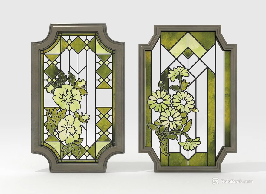 Artistic Stained Glass Windows with Floral Patterns and Green Yellow Tones in Dark Frames 3d model 