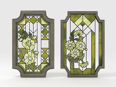 Artistic Stained Glass Windows with Floral Patterns and Green Yellow Tones in Dark Frames 3d model