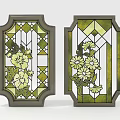 Artistic Stained Glass Windows with Floral Patterns and Green Yellow Tones in Dark Frames