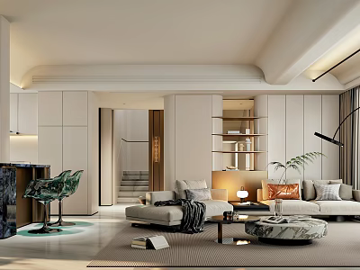 Elegant Modern Living Room Interior With Light Sofa Green Chair Coffee Table And Area Rug 3d model