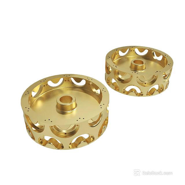 Two Golden Circular Hollowed Out Decorative Metal Pieces With Intricate Patterns 3d model 