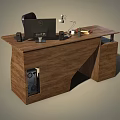 Curved Wooden Office Desk With Drawers Computer Monitor Keyboard Lamp And Black Chair