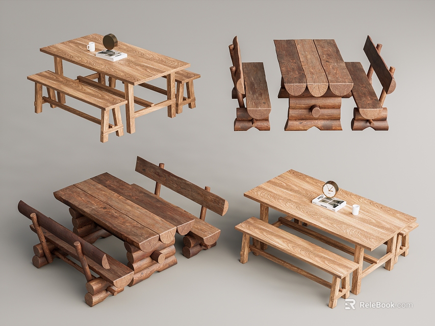 Outdoor Rustic Wooden Table with Benches for Garden Patio Use 3d model 