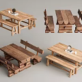 Outdoor Rustic Wooden Table with Benches for Garden Patio Use