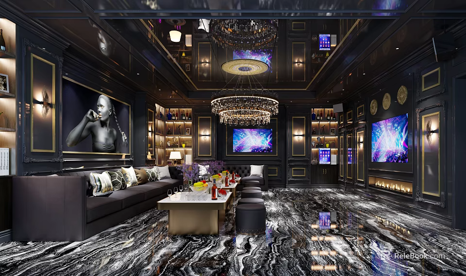 Luxurious Black Themed KTV Lounge With Crystal Chandelier Sofa Bar TV Screens And Marble Flooring 3d model 