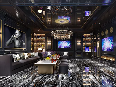 Luxurious Black Themed KTV Lounge With Crystal Chandelier Sofa Bar TV Screens And Marble Flooring 3d model