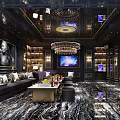 Luxurious Black Themed KTV Lounge With Crystal Chandelier Sofa Bar TV Screens And Marble Flooring