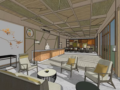 Store Front Desk With Wooden Ceiling Structure Decorative Painting Comfortable Seating And Large Windows 3d model