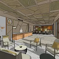 Store Front Desk With Wooden Ceiling Structure Decorative Painting Comfortable Seating And Large Windows