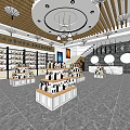 Modern Specialty Store Interior With Shelves Products Display Counters Wooden Decor And Round Chandeliers