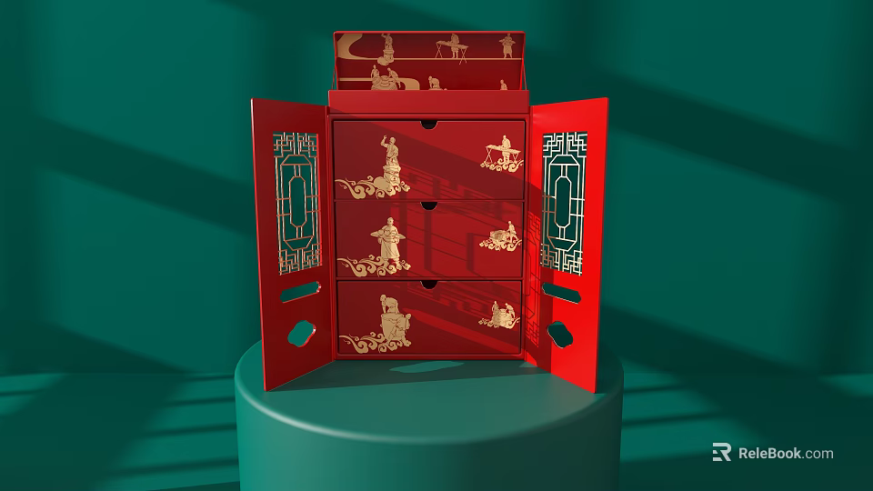 Traditional Red Storage Box With Golden Patterns Multiple Drawers And Decorative Figures 3d model