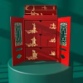 Traditional Red Storage Box With Golden Patterns Multiple Drawers And Decorative Figures 3d model