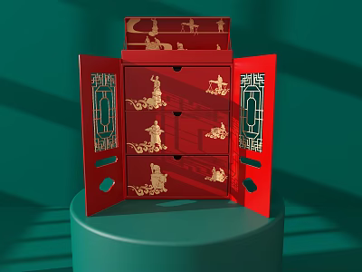 Traditional Red Storage Box With Golden Patterns Multiple Drawers And Decorative Figures 3d model