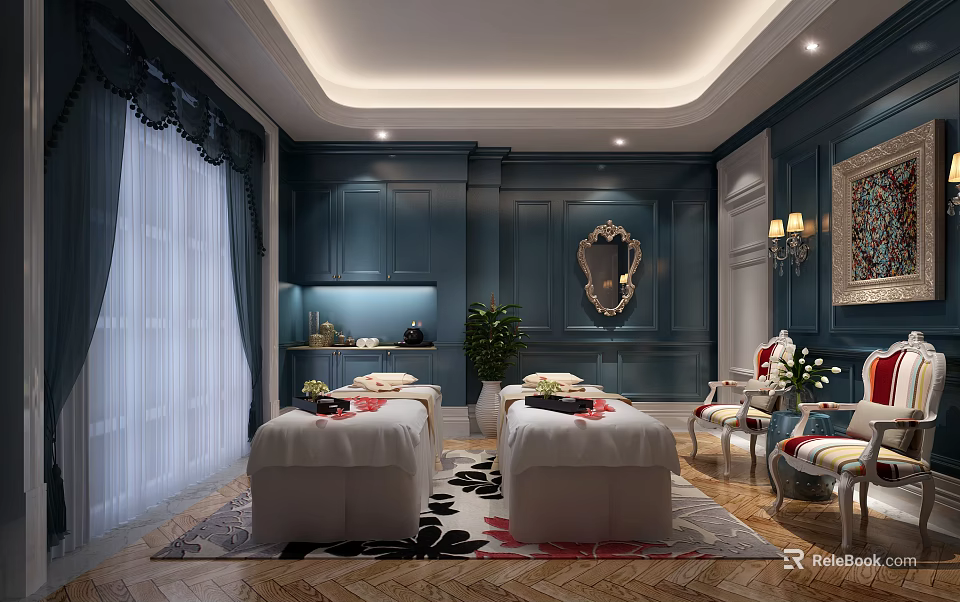 Luxurious SPA Sauna Room Interior With White Massage Beds Blue Walls Decorative Mirror And Plants 3d model 