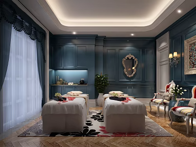 Luxurious SPA Sauna Room Interior With White Massage Beds Blue Walls Decorative Mirror And Plants 3d model