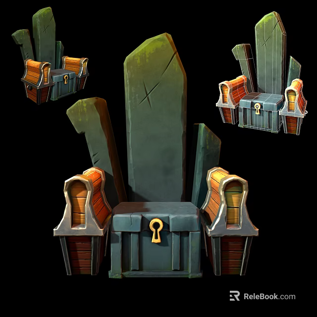 Stone Throne With Surrounding Treasure Chests And Key Decorative Elements 3d model 