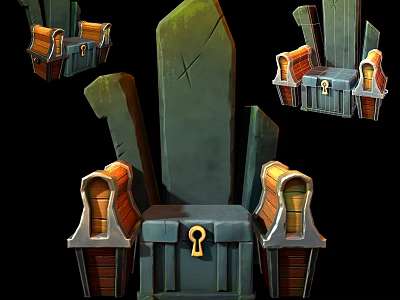 Stone Throne With Surrounding Treasure Chests And Key Decorative Elements 3d model