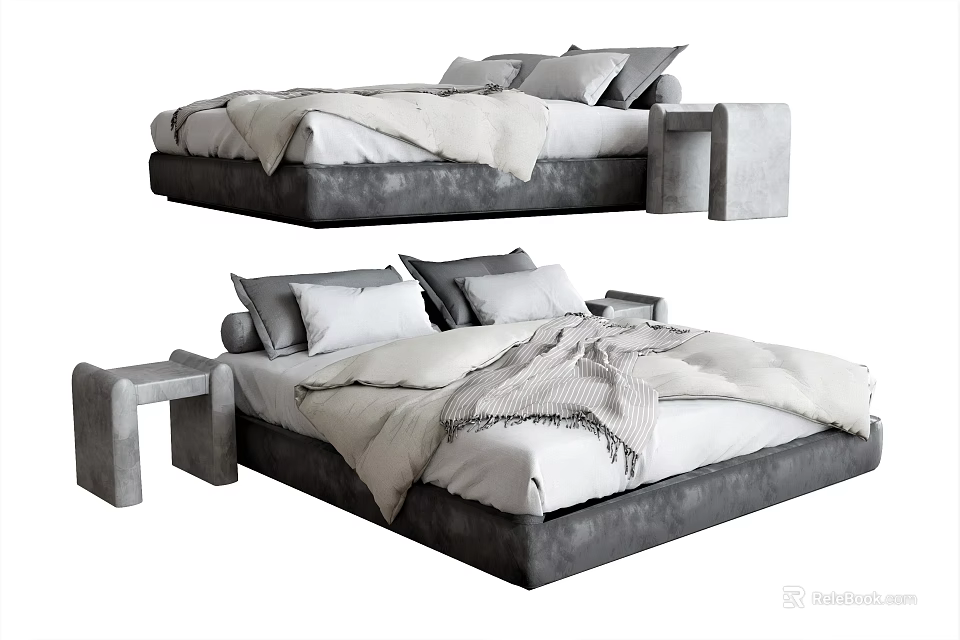 Modern Upholstered Double Bed With White Linens Gray Pillows And Side Table 3d model