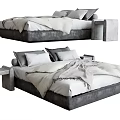 Modern Upholstered Double Bed With White Linens Gray Pillows And Side Table 3d model