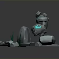 Robot Character Standing On Stone Platform With Green Grass And Rocks 3d model