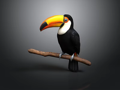Toucan With Large Colorful Beak Perched On Branch Black White Plumage Vibrant Eye Area 3d model