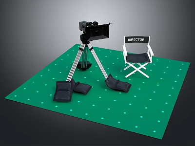 Professional Electronic Camera With Tripod And Director Chair On Green Mat 3d model