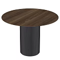 Round Walnut Wood Dining Table With Black Ribbed Metal Leg Design
