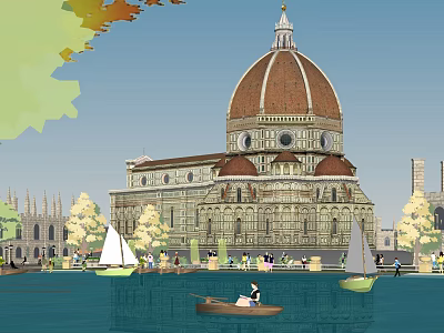 Ancient Architecture With Dome Design Along Waterfront Featuring Boats Trees And People 3d model