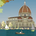 Ancient Architecture With Dome Design Along Waterfront Featuring Boats Trees And People