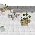 Rooftop Garden With White Tiled Floor Round Planters Green Shrubs White Umbrellas And Mountain Backdrop