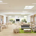 Bright Kindergarten Interior With Skylights Wooden Furniture Green Mat And Windows