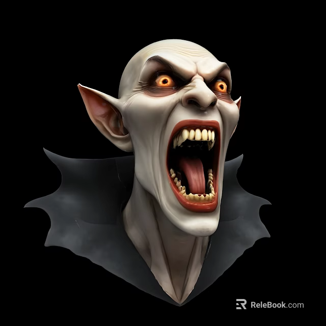 Game Movie Vampire Character With Pointed Ears Open Mouth Sharp Fangs Yellow Eyes Gray Cloak 3d model 
