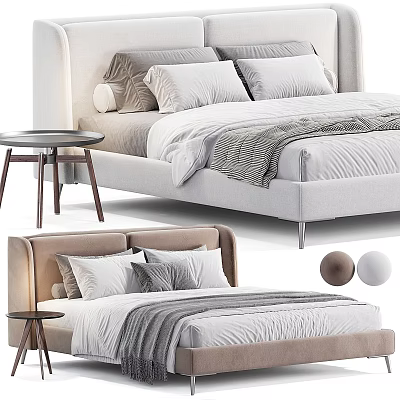 Modern Upholstered Double Bed Interior With Multiple Pillows Striped Blanket And Wooden Nightstand 3d model