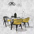 Modern Dining Table Set With Yellow Chairs Pendant Lights And Wall Art