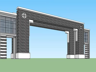 Brick Arch Entrance Gate With Decorative Elements And Glass Curtain Wall 3d model