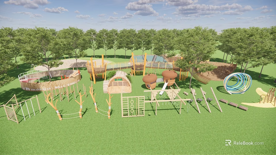 Fun Outdoor Playground Equipment With Climbing Frames Slides Swings On Green Grass And Trees 3d model 