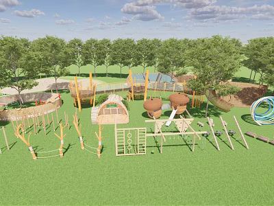 Fun Outdoor Playground Equipment With Climbing Frames Slides Swings On Green Grass And Trees 3d model